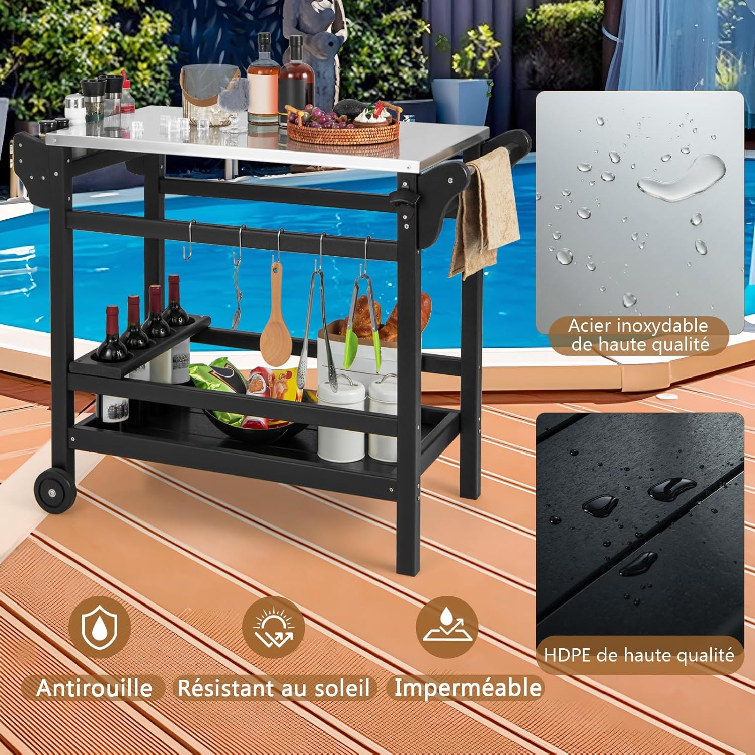 Chariot Extérieur pour Barbecue Desserte Plancha - Comptoir Acier Inoxydable, Poignée, Charge 115+35KG, 105x54x85 cm - 5