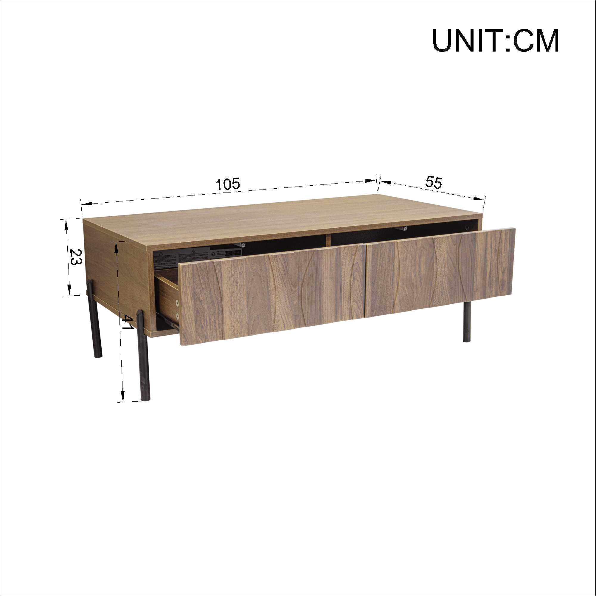 Table basse style vintage 105x55x41 cm - Avec 2 tiroirs - Structure en bois - Pieds en fer - MDF - Naturel - 5