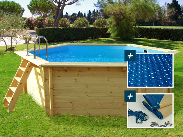Piscine hors sol bois, Hawai, 4.10 x 1.20 m + Bâche à bulles 180 + Bâche hiver 280 gr/m²