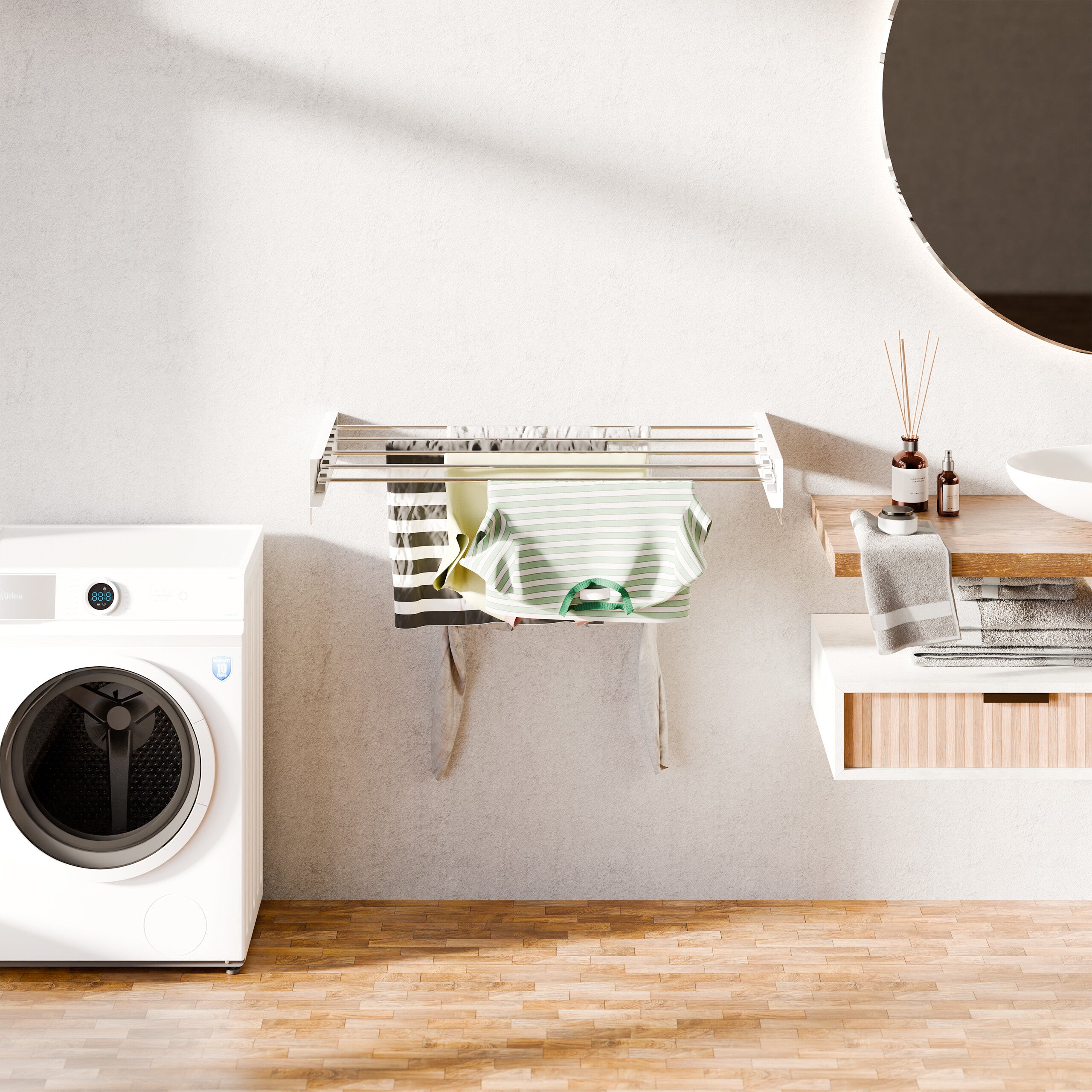 Séchoir à linge, mural, peu encombrant, H x L x P : 15 x 100 x 50,5 cm, pour votre intérieur, blanc, Relaxdays - 2