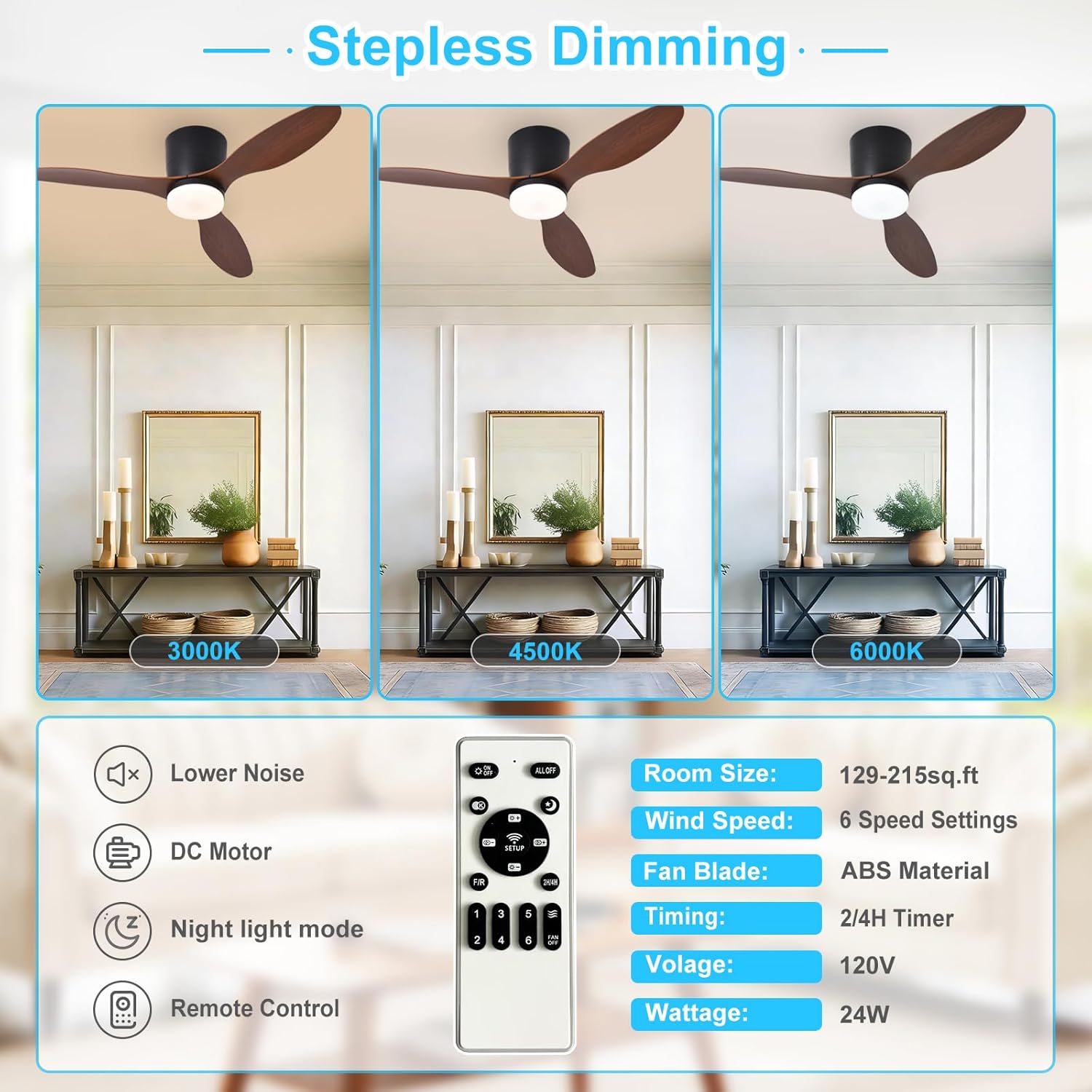 Ventilateurs de plafond de 42 pouces avec éclairage pour chambre à coucher, ventilateur à profil bas avec télécommande et pales Noyer réversibles - 3