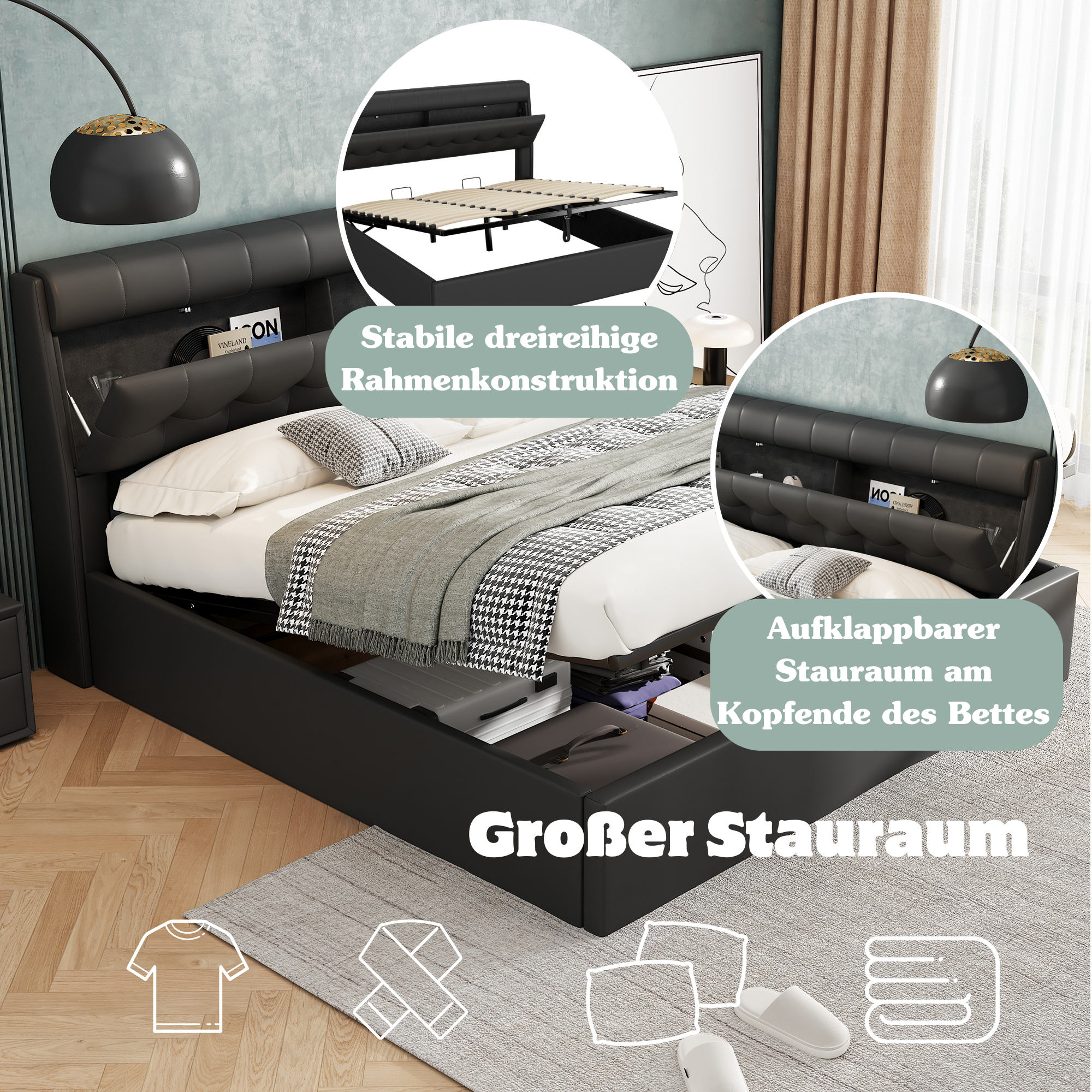 Lit coffre 180 x 200 cm avec tête de lit rangement - LEDs - Cuir PU - Noir (sans matelas) - 4