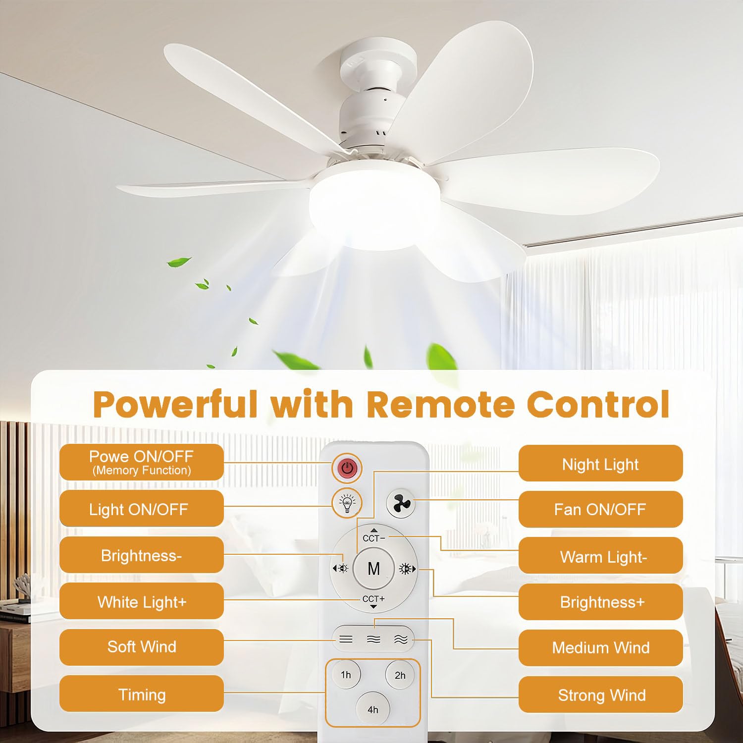 Ventilateur de plafond 52 cm avec rallonge et culot E27, petit ventilateur de plafond LED, trois températures de couleur,6 pales, 3 vitesses,minuterie - 6