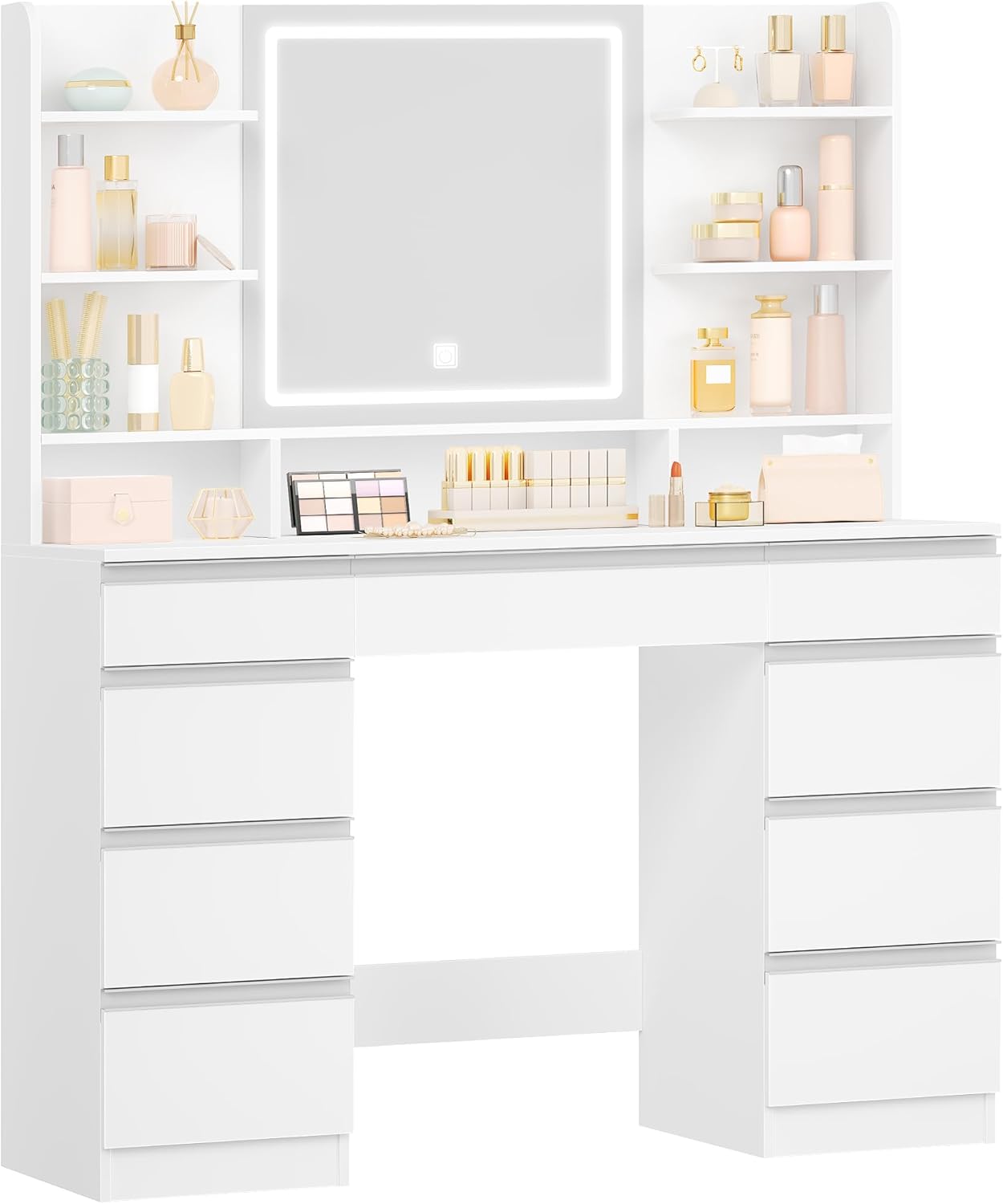 Grande Coiffeuse avec Éclairage LED, 3 Couleurs, Luminosité Réglable, Miroir, 9 Tiroirs, 9 Étagères Ouvertes, Blanc-Argent - 2