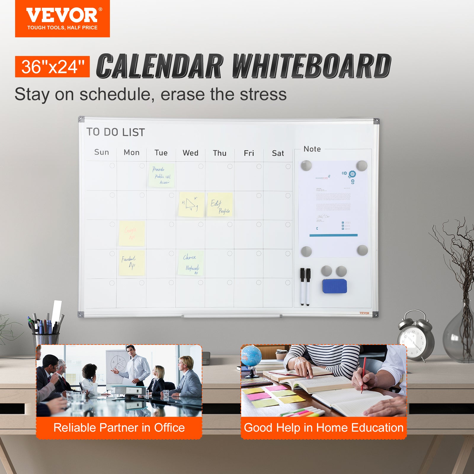 Tableau Blanc Magnetique et Planning Mensuel VEVOR 2-en-1 Calendrier Effacable a Sec Mural 91,5x61 cm Cadre en Alu avec 2 Marqueurs 1 Effaceur 6 Aiman - 2
