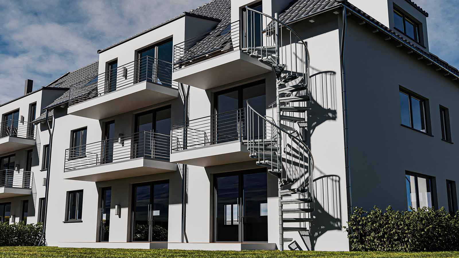 Escalier extérieur / Escalier en colimaçon Ø 180 cm | Hauteurs: 450-467 cm | Revêtement de marche en caillebotis déployé - 2