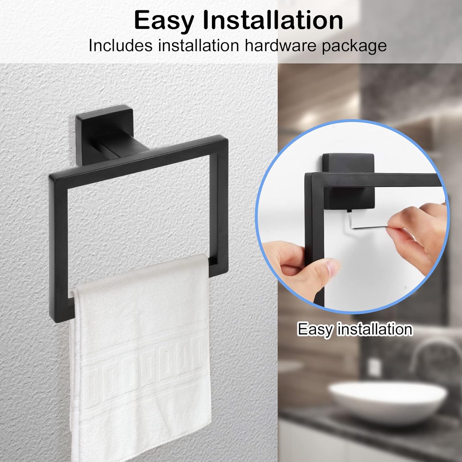 Lot de 2 barres porte-serviettes carrées noires mates, porte-serviettes de salle de bain moderne, porte-serviettes mural en acier inoxydable SUS304 - 4