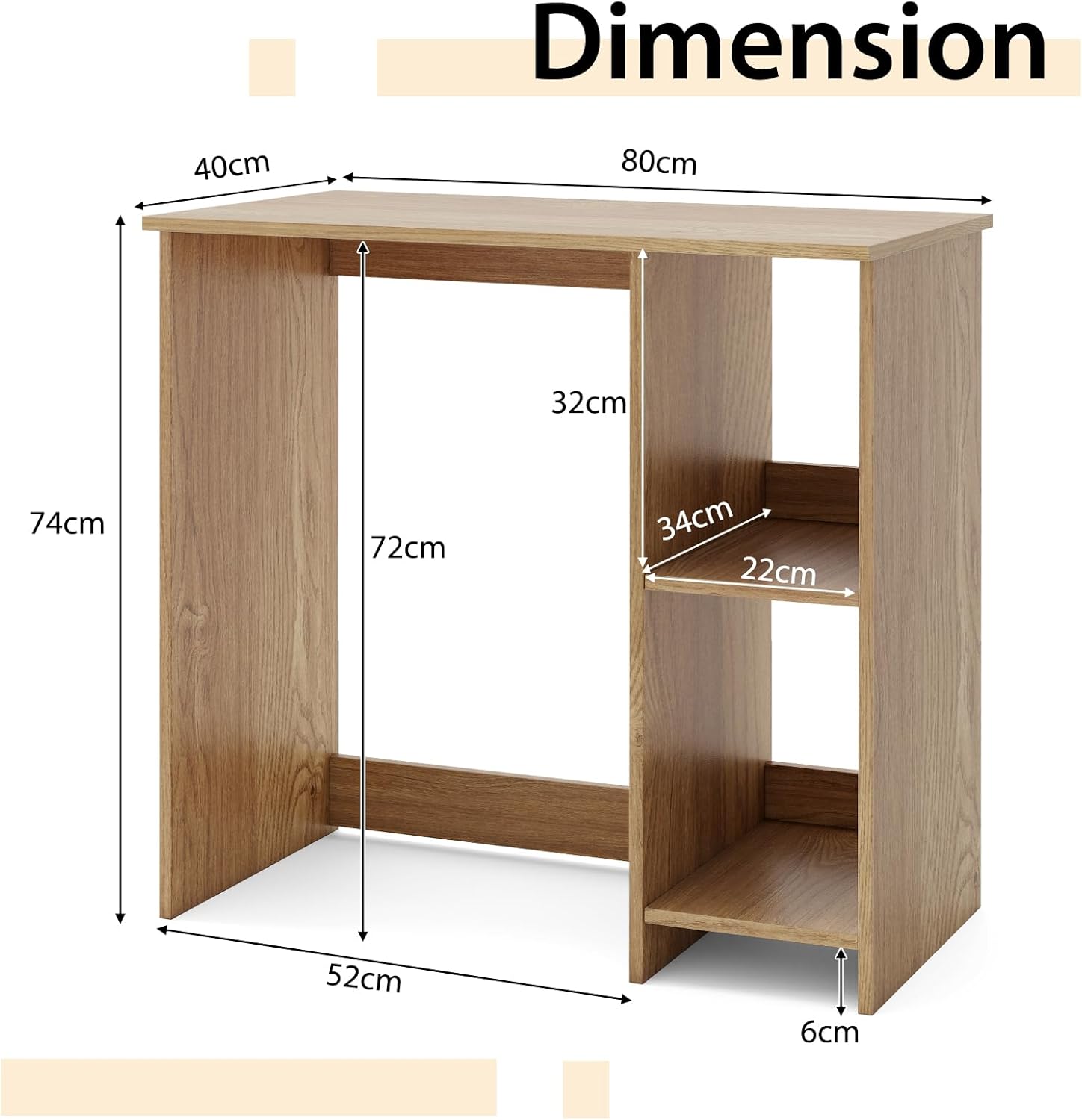 Biurko z 2 Półkami do Gabinetu, Salonu, Sypialni i Pracowni, 80 x 40 x 74 cm (Naturalne) - 3