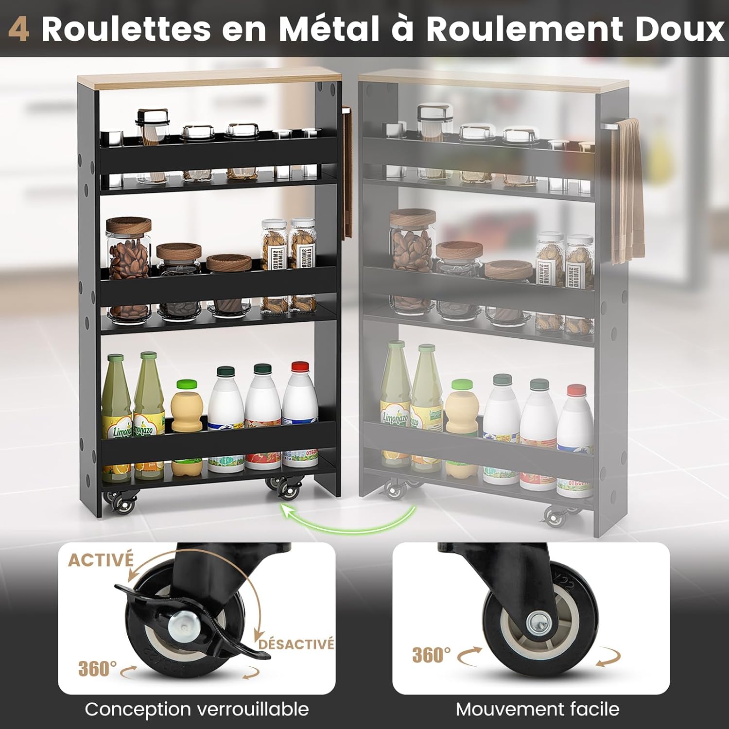 Chariot de Rangement Largeur 13 cm à roulettes, Desserte de Cuisine à 4 Niveaux, Poignée Latérale et Roues Universelles avec Freins (Noir + Naturel) - 4