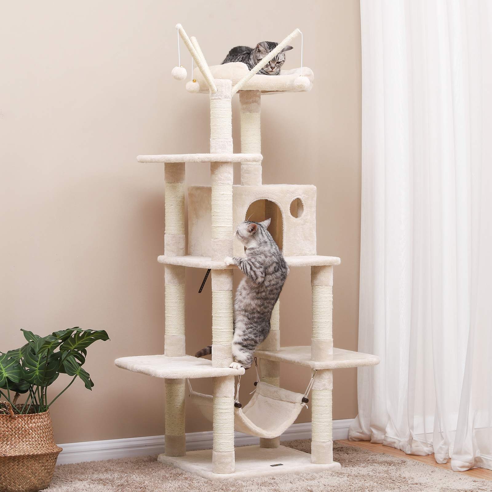 Árbol para gatos rascador con nidos, hamaca, plataformas y bolas de juego, altura de 154 cm, beige - 4