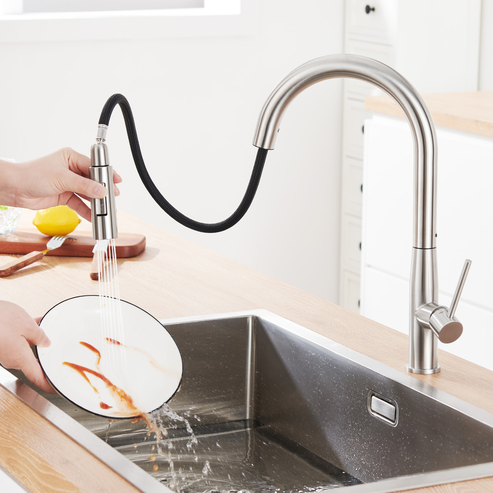 CECIPA Max Mitigeur de Cuisine avec Douchette Extractible - Robinet d'évier de Cuisine extractible en Acier Inoxydable Brossé - 4