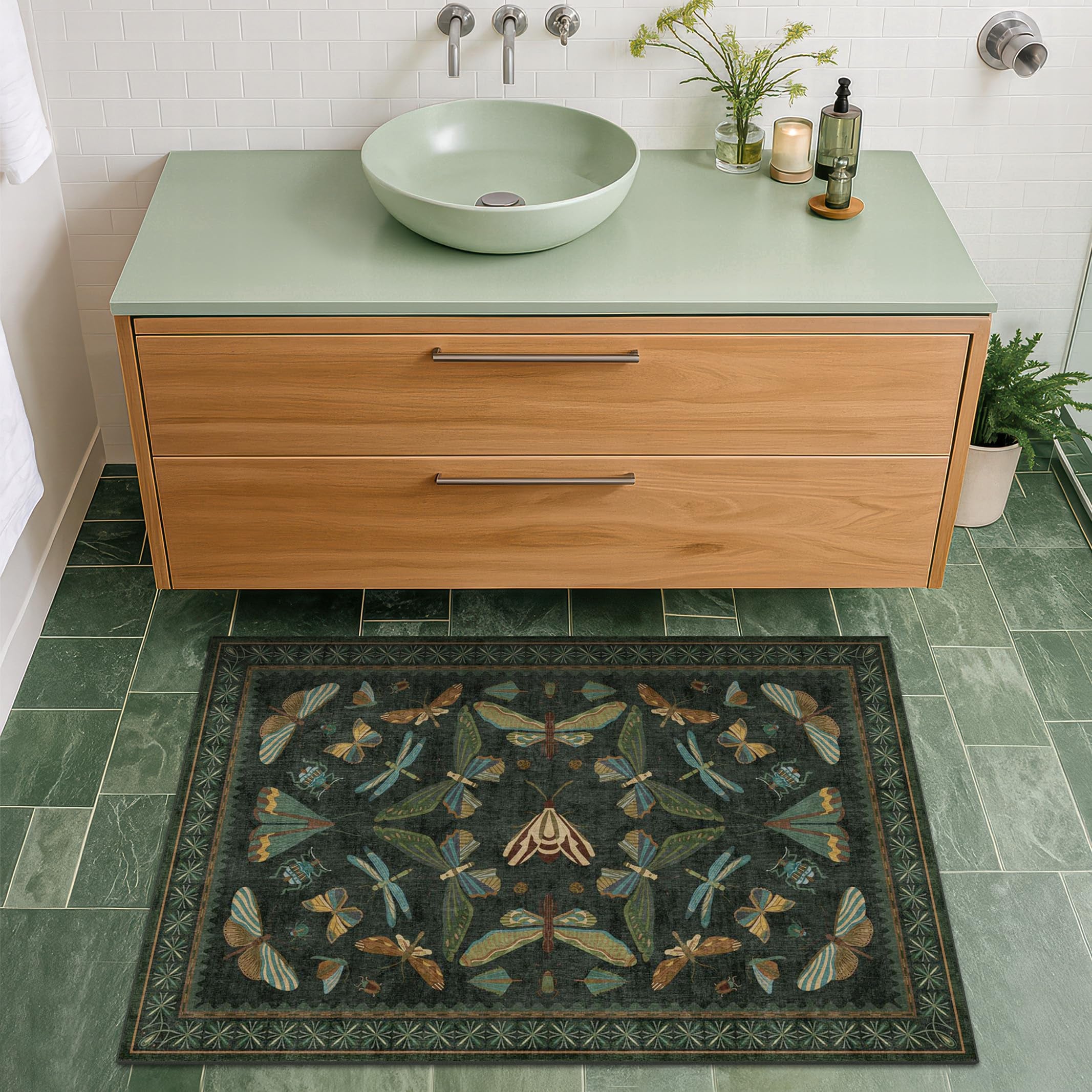 2 peças Tapete de entrada para interiores, tapete pequeno verde escuro para cozinha, lavável, antiderrapante e resistente a manchas, 60*90cm - 3