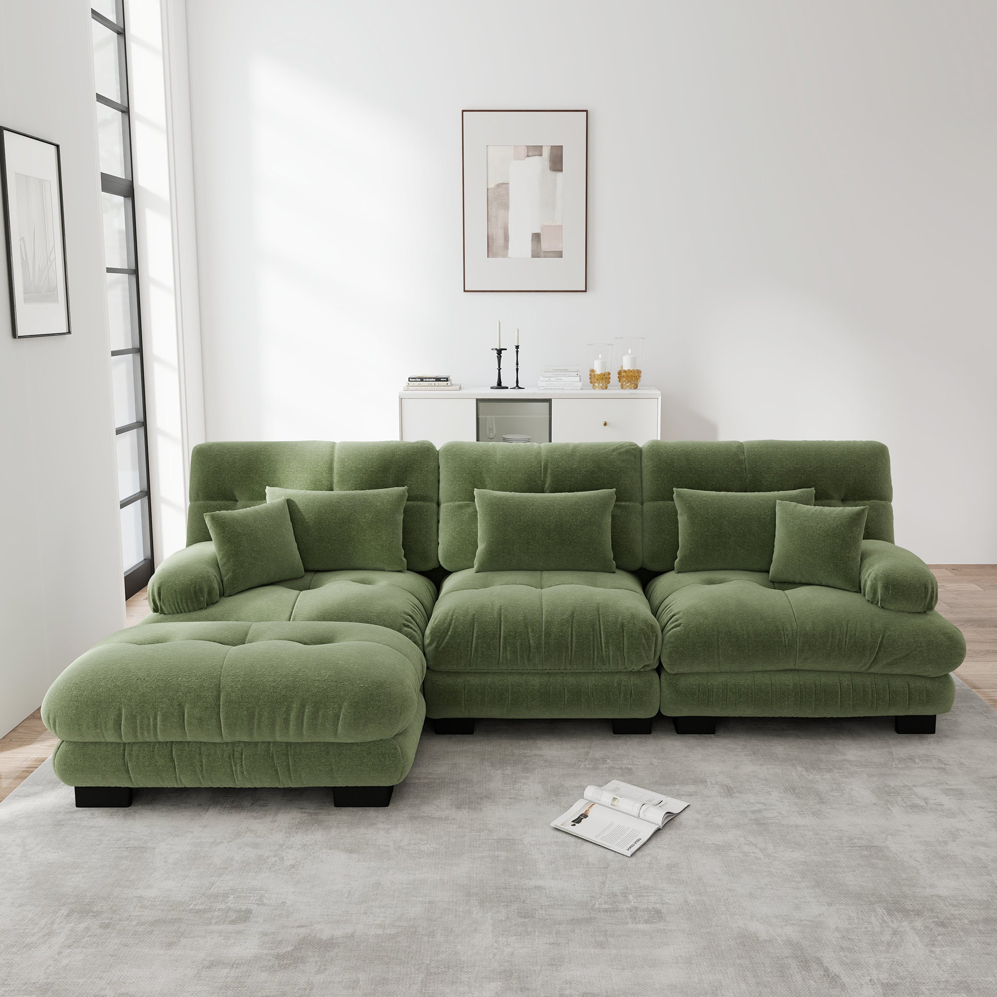 Canapé d'angle extra large en forme de L,Canapé nuage 3 places avec 1 repose-pieds,Canapé modulable avec coussins lombaires,Chenille,Vert - 4