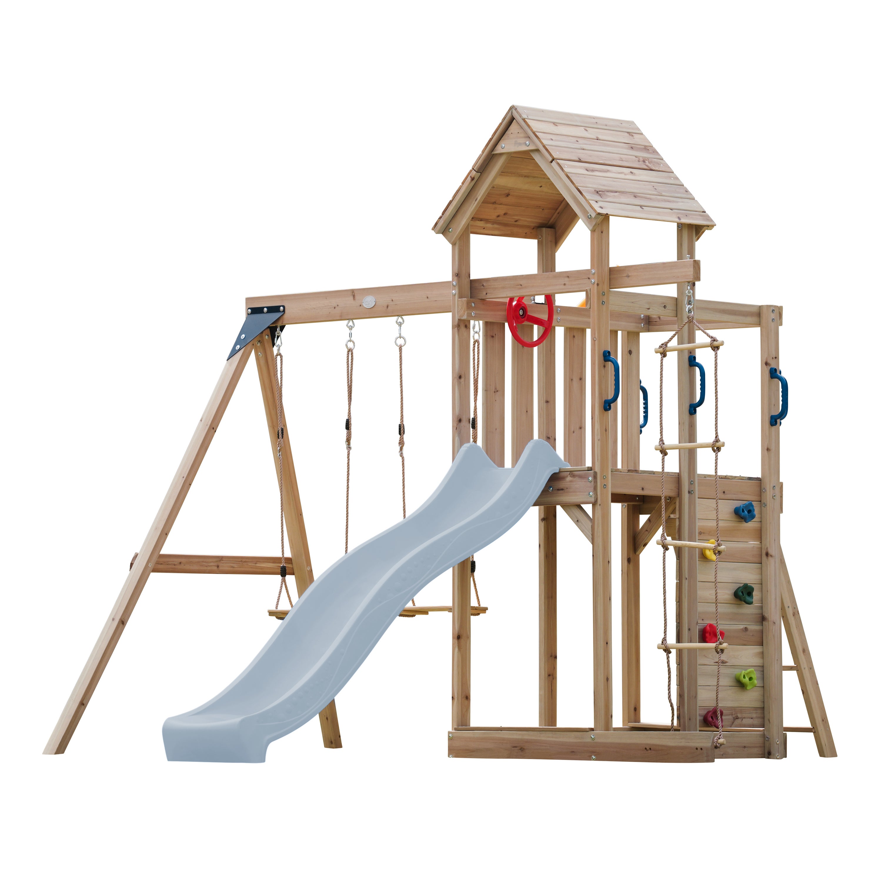 Aire de jeux en bois Maxplay Gym - Toboggan Rouge et 2 Balançoires