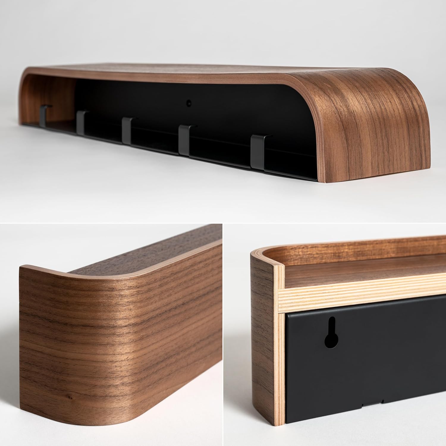 Perchero de pared de madera | Diseño moderno con ganchos ocultos | Panel de chapa de madera maciza | Nogal - 3