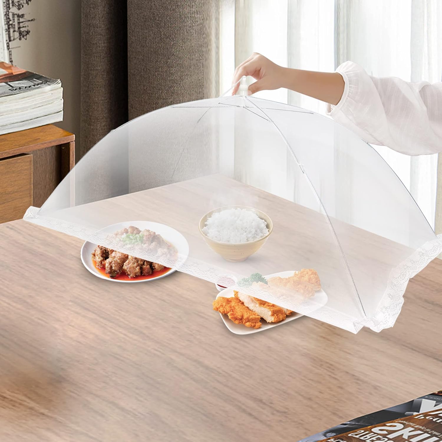 Set di 2 coperture per alimenti bianche, 38 x 38 x 18 cm, in rete traspirante, anti-insetto, per picnic e barbecue, riutilizzabili e pieghevoli - 3