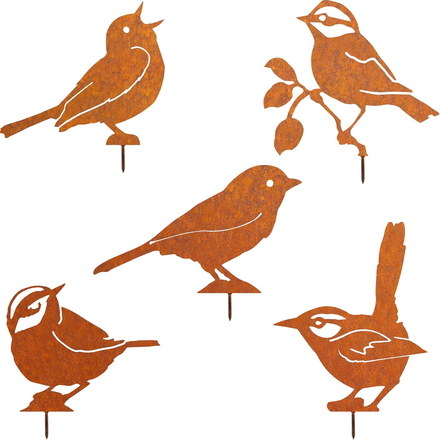 Zestaw 5 rdzawych ptaków – dekoracja ogrodowa w stylu vintage, sikora, mysikrólik, idealny na patio
