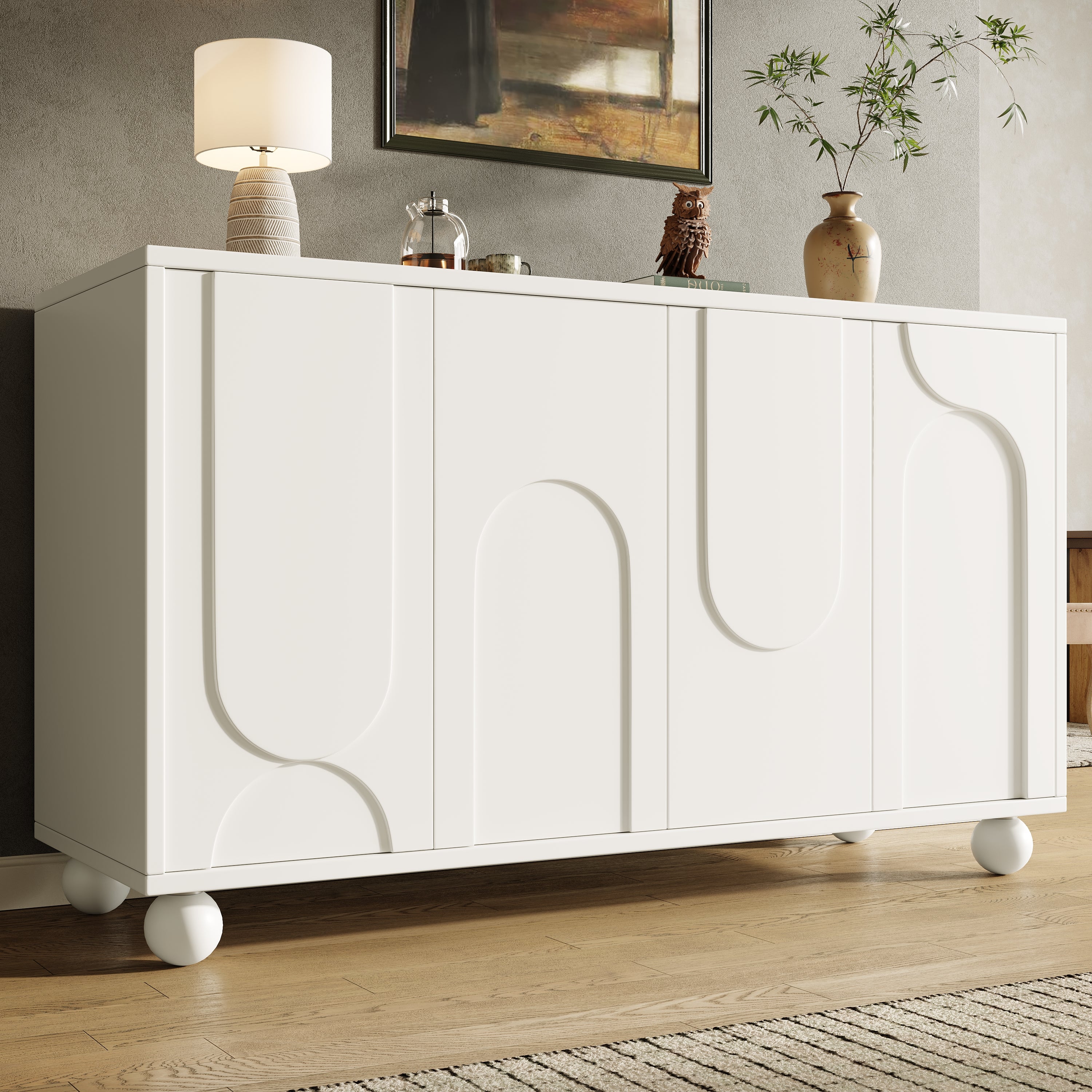 Komoda niska z 4 drzwiami - 120 x 35 x 71 cm - Regulowane półki - Płyta MDF i okrągłe nogi - Do jadalni i salonu - Biała