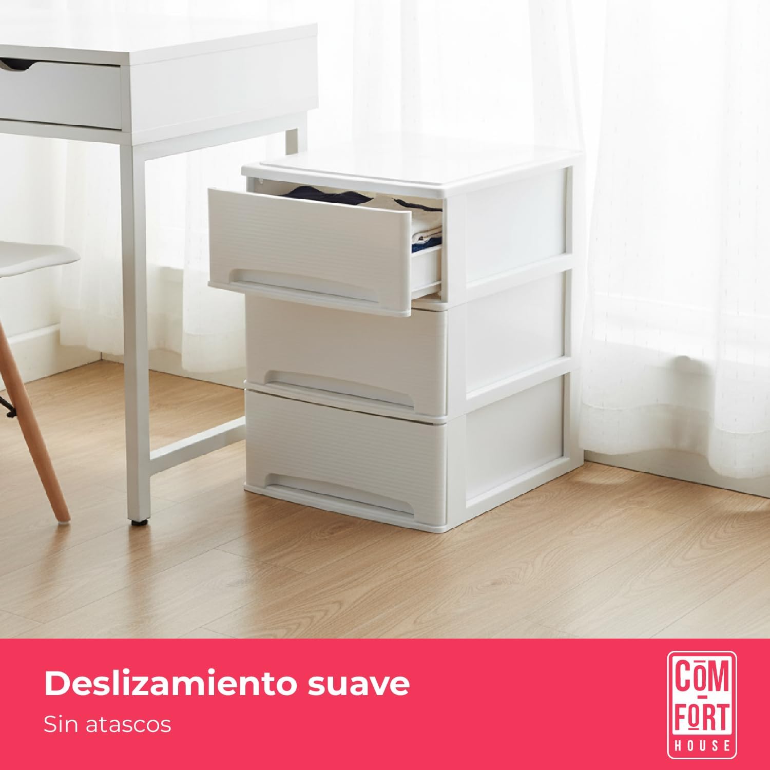 COM-FORT HOUSE | Cajonera Apilable de Plástico | Modelo Lineas | Color Blanco | Modelo de 3 Cajones | Cajones de Almacenamiento Modular - 3