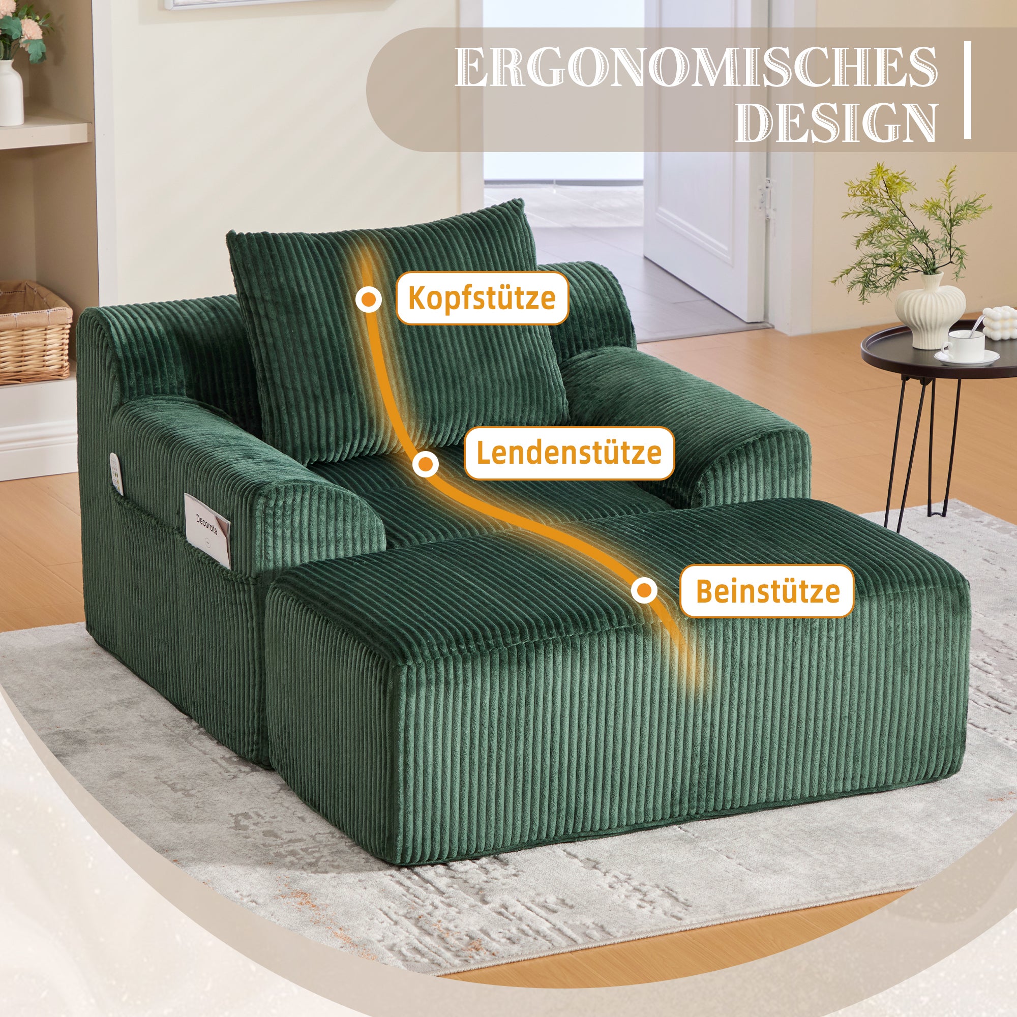 Fauteuil surdimensionné en velours côtelé, poches latérales, coussin, assise profonde, sans montage – ComfortXL - 5