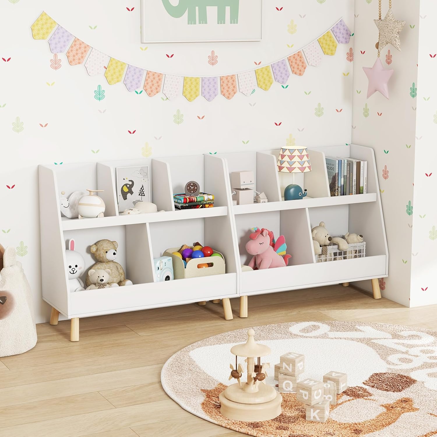 Meuble de Rangement Enfant, Bibliothèque Enfant en Bois à 2 Niveaux pour Livres Jouets, 5 Cubes Etagère de Présentation pour Chambre, Salle de Jeux - 9