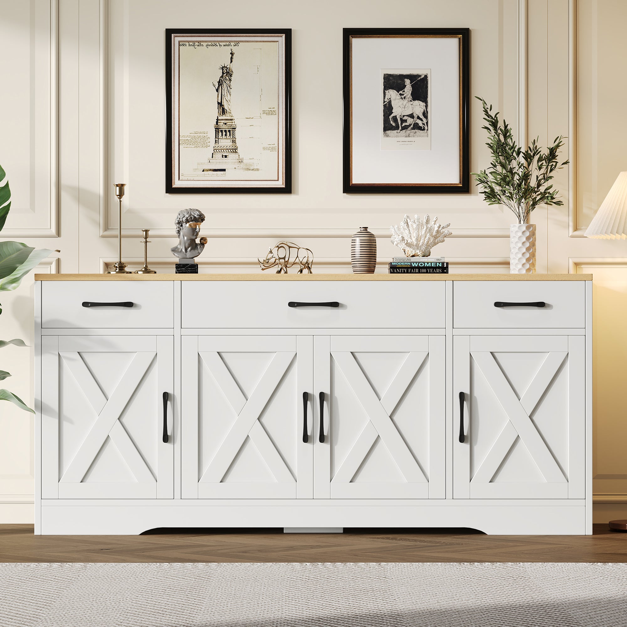 Buffet moderne avec 4 portes et 3 tiroirs - 160 x 37 x 75 cm - Bois MDF - Etagères réglables - Blanc et bois - 2