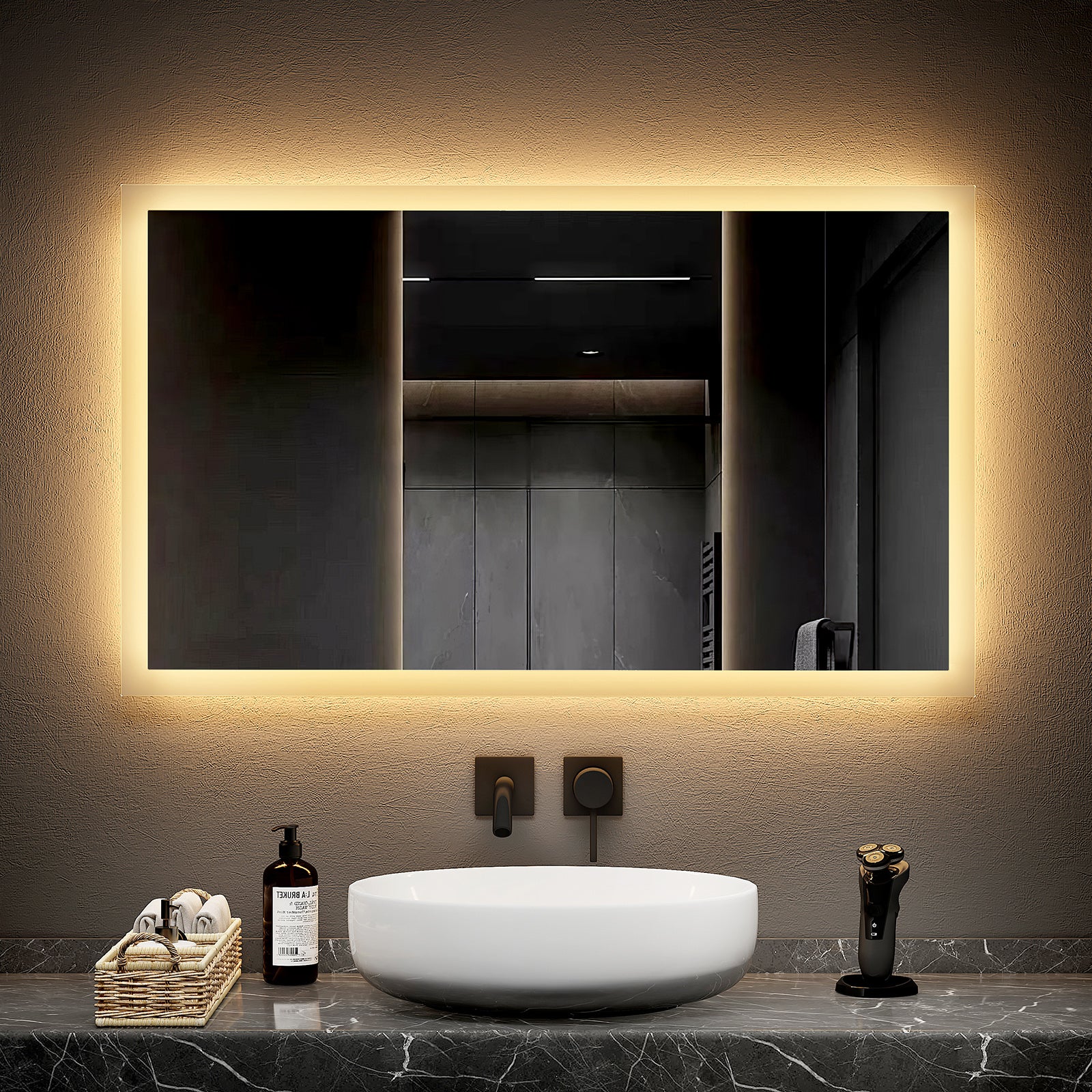 EMKE Lustro łazienkowe z oświetleniem LED 100x60cm, z ciepłym białym światłem, IP44, Włącznik ścienny (brak w zestawie)