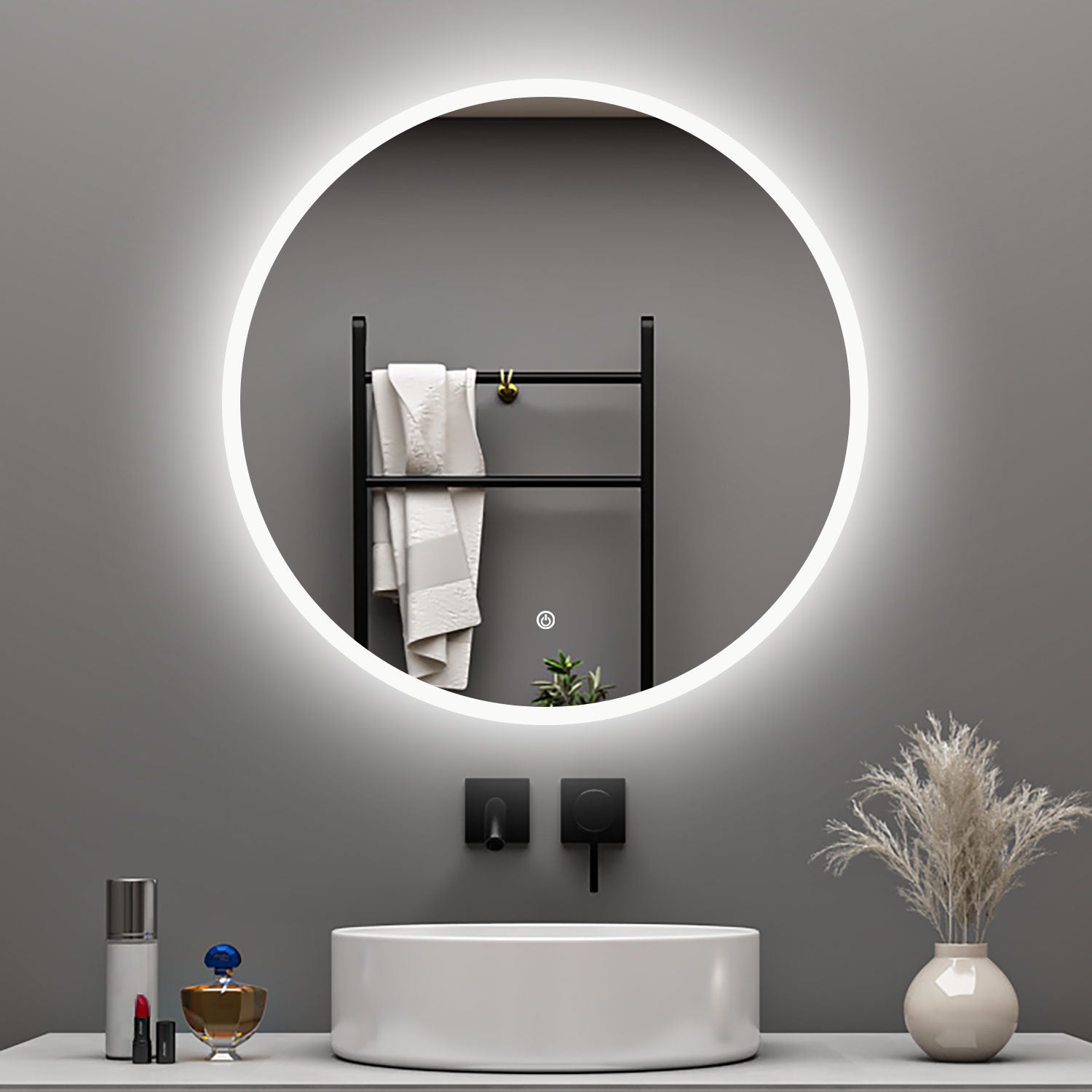 OCEAN 80cm Specchio da Parete Rotondo Illuminato,Anti Nebbia,Dimmerabile,Funzione Memoria,Luce