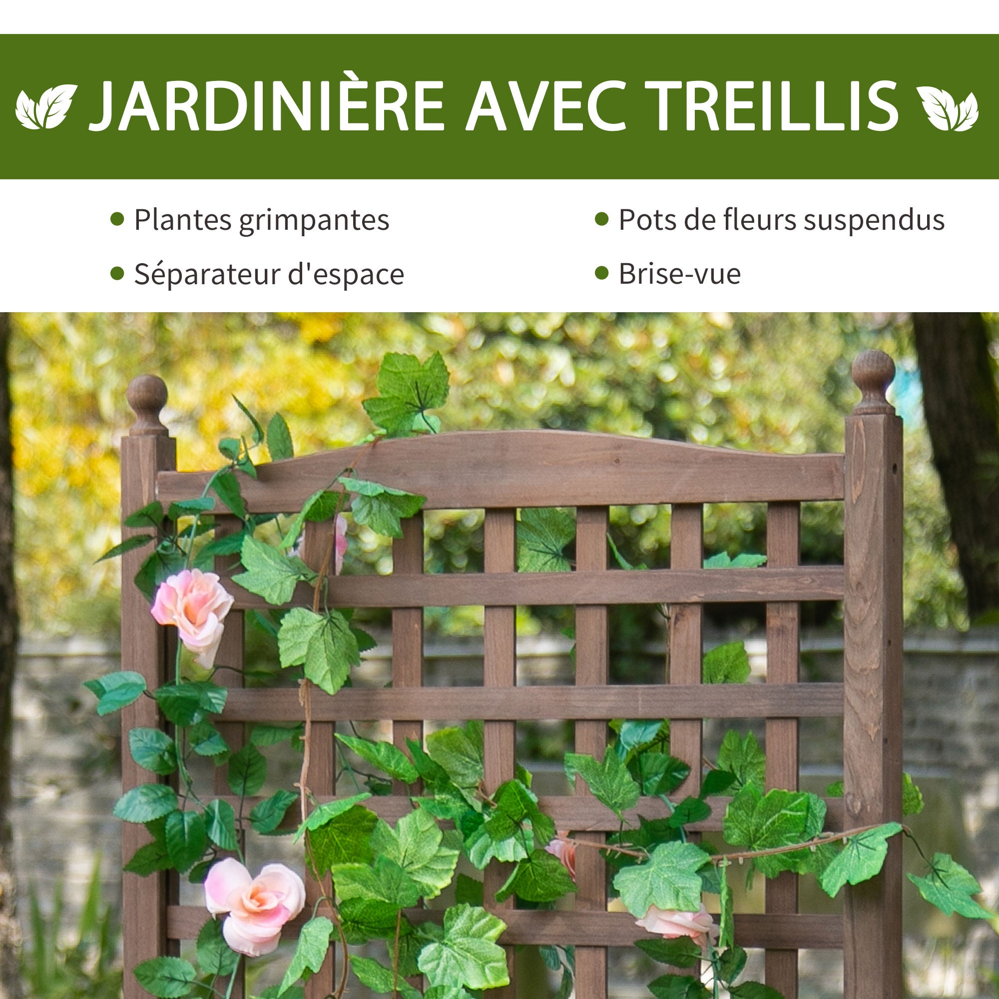Jardinière avec Treillis - bac à Fleurs - jardinière sur Pied - dim. 64L x 28l x 120H cm Inserts d'irrigation Inclus Bois Sapin traité - 5