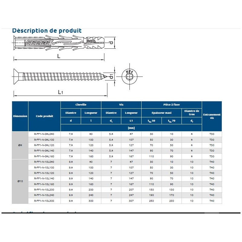 Chevilles longue universelle nylon tête fraisée 10X200 boîte de 25 RAWL R FF1 N 10L200 - 3