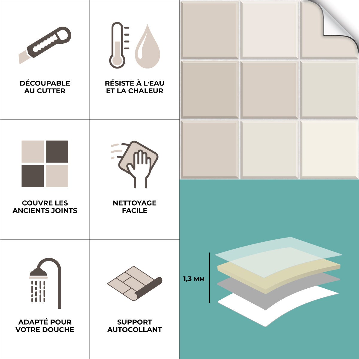 8 carreaux adhésifs 20x20cm Luna / Mosaïque carré / blanc / pour douche, murs, sol, cuisine, salle de bain… - 3