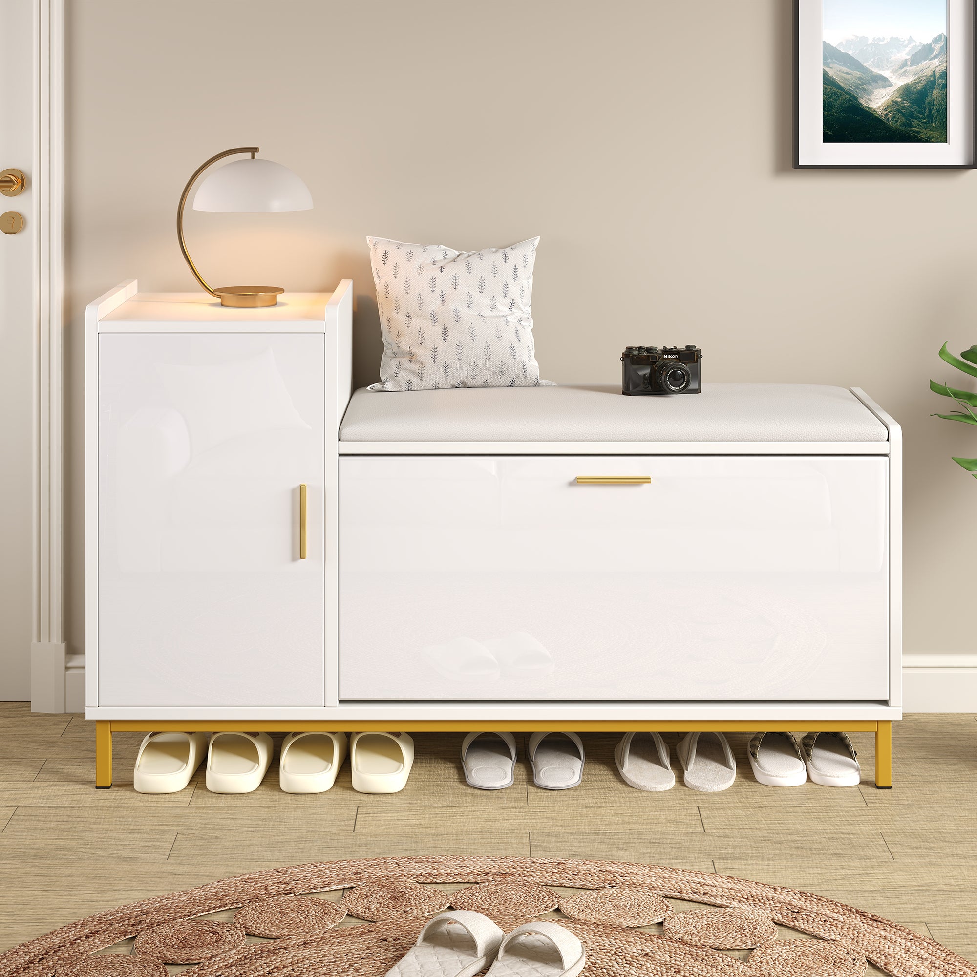 Banc à chaussures avec 2 portes - 100 x 38 x 68 cm - Panneau de particules et pièds en métal - Blanc - 5