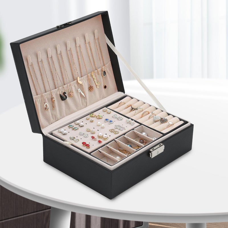 Boîte à bijoux Coffret à Bijoux Rangement Organiseur à double couche avec serrure Noir Coffret Bijoux Verrouillable Jewelry Stockage - 5