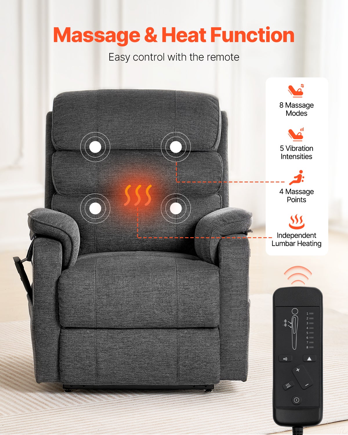 Fauteuil Inclinable Électrique Releveur,VEVOR Chaleur Massage pour Personnes Âgées,Double Moteur,2 Cordes Anti-Chute,Réglage Infini,Gris Foncé,M - 2