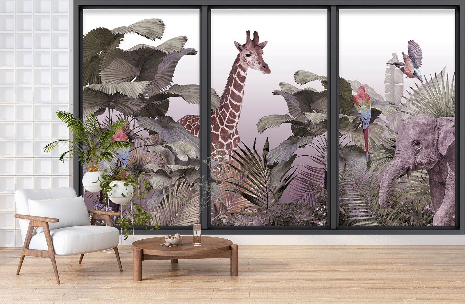 Papier peint panoramique Trompe l'oeil baie vitrée - Animaux de la jungle - Largeur 325 cm x Hauteur 195 cm - 3