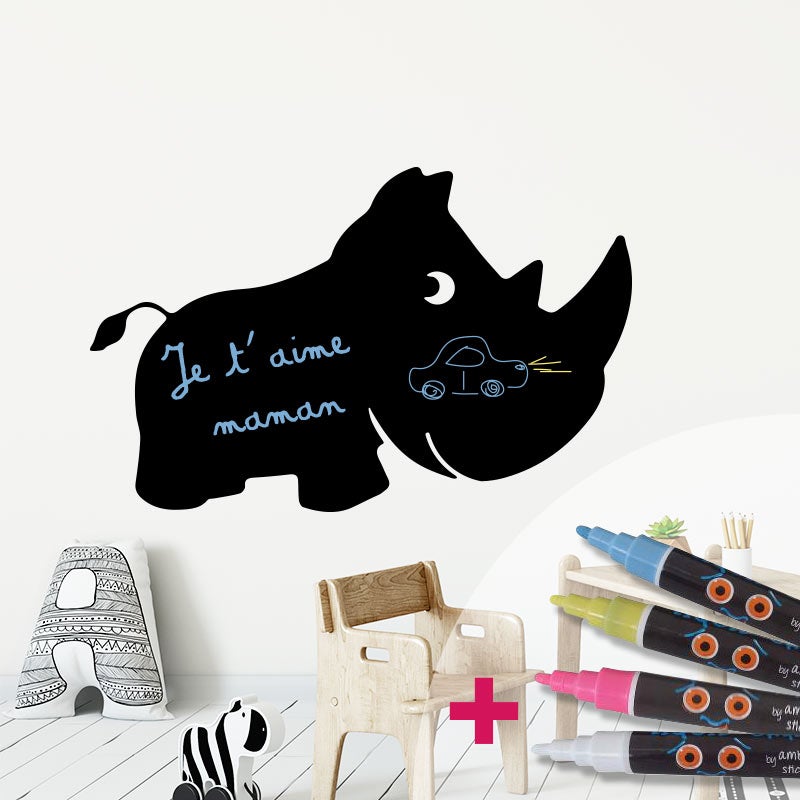 Vinilo pizarra rinoceronte + 4 tizas liquidas - adhesivo de pared - revestimiento sticker mural decorativo - 55x85cm