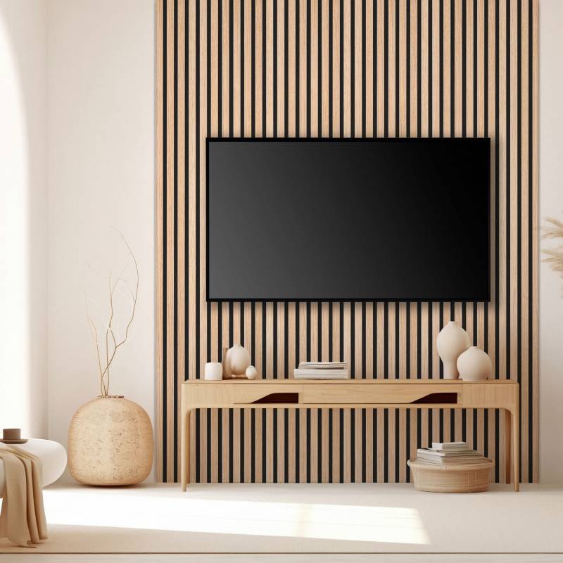 Lot de 5 panneaux tasseaux bois 250x30x1 cm - Pack Mur TV bois 150cm - Lamelles chêne clair véritable fond noir - 3,75m² - 2