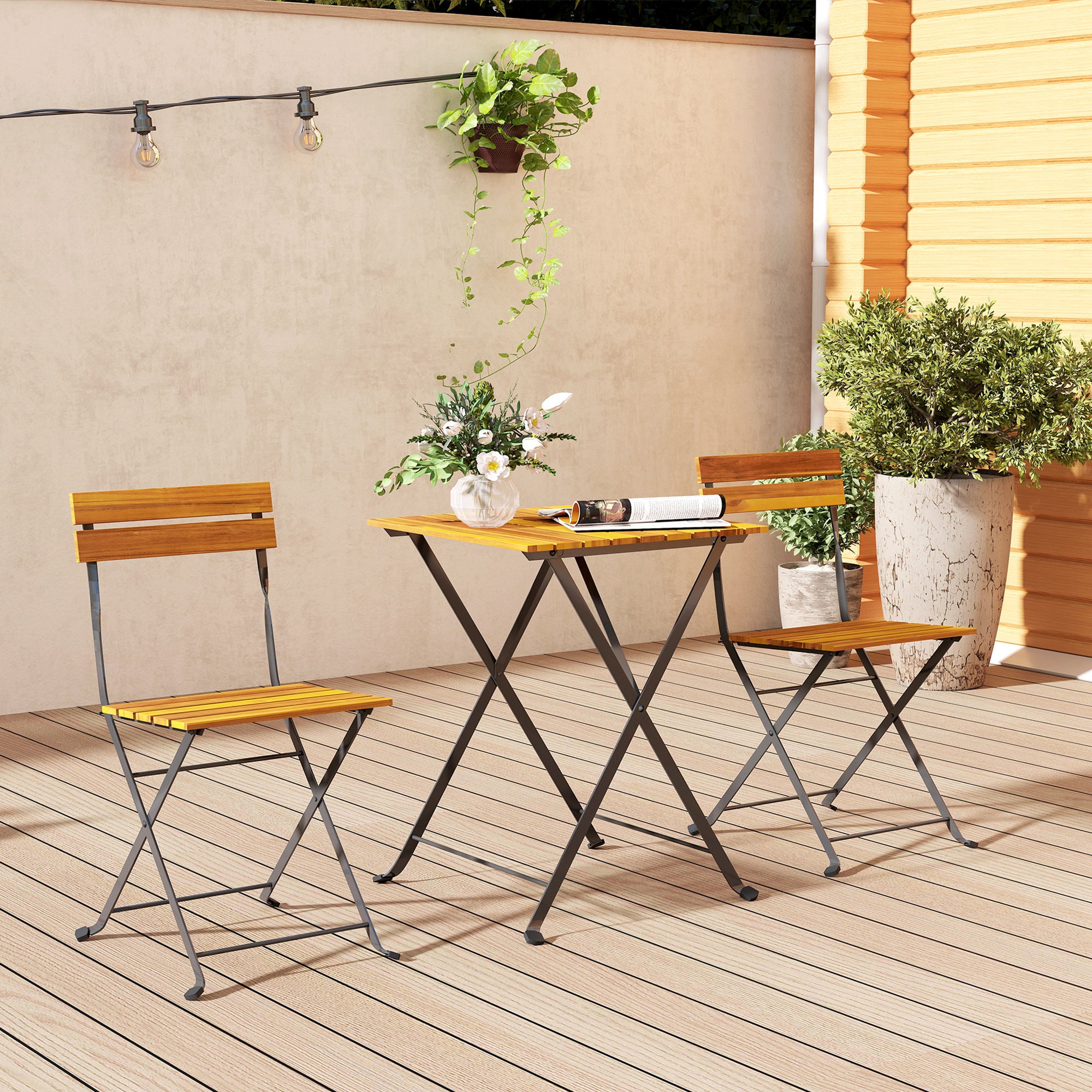 Ensemble bistrot de jardin 3 pièces avec 2 chaises et table basse en bois d'acacia et acier effet bois naturel - 4