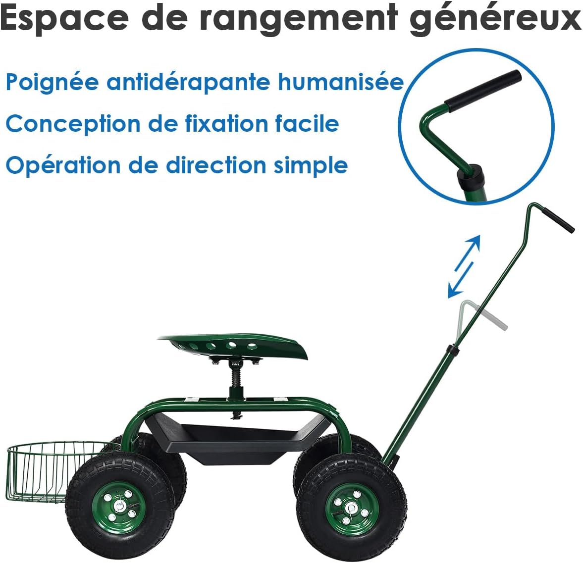 Sgabello per Giardinaggio con Ruote, Sedile da Giardino Regolabile in Altezza con Manico Estensibile, Cesto Portaoggetti, 2 Vassoi e 4 Ruote i - 7
