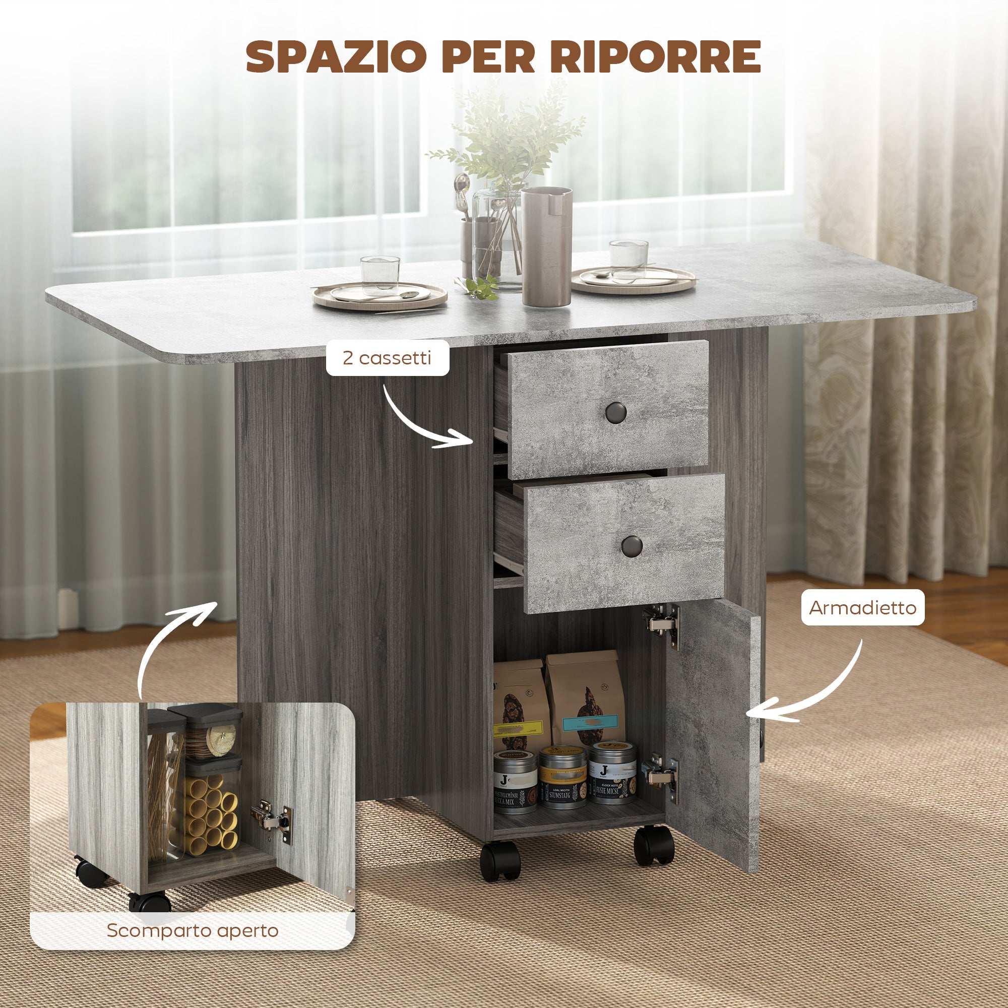 HOMCOM Tavolo Pieghevole con 2 Cassetti e Armadietto, 6 Rotelle e Freni, 120x60x76.5 cm, Grigio Legno e Roccia - 6