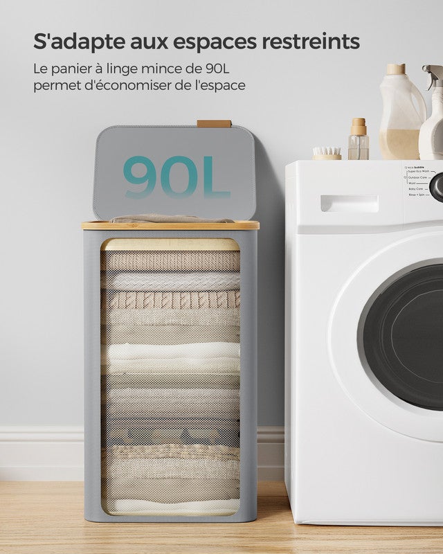Panier à Linge Mince avec Couvercle, 90L, Doublure en Maille Amovible, Poignées en Bambou, Pliable, 42 x 32 x 70,5 cm, Gris Tourterelle - 3