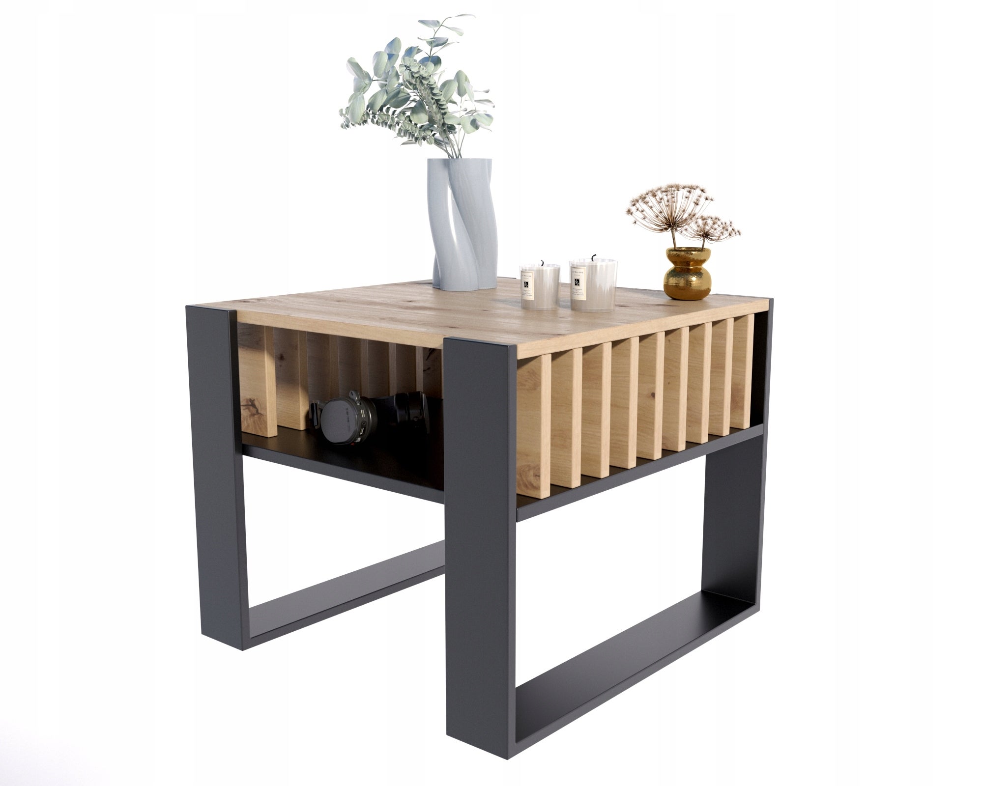 Ława stolik kawowy IGA KWADRAT artisan-czarny z lamelami loft rustykalny