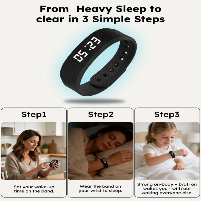 Bracelet réveil vibrant pour gros dormeurs, réveil silencieux intelligent, noir - 7