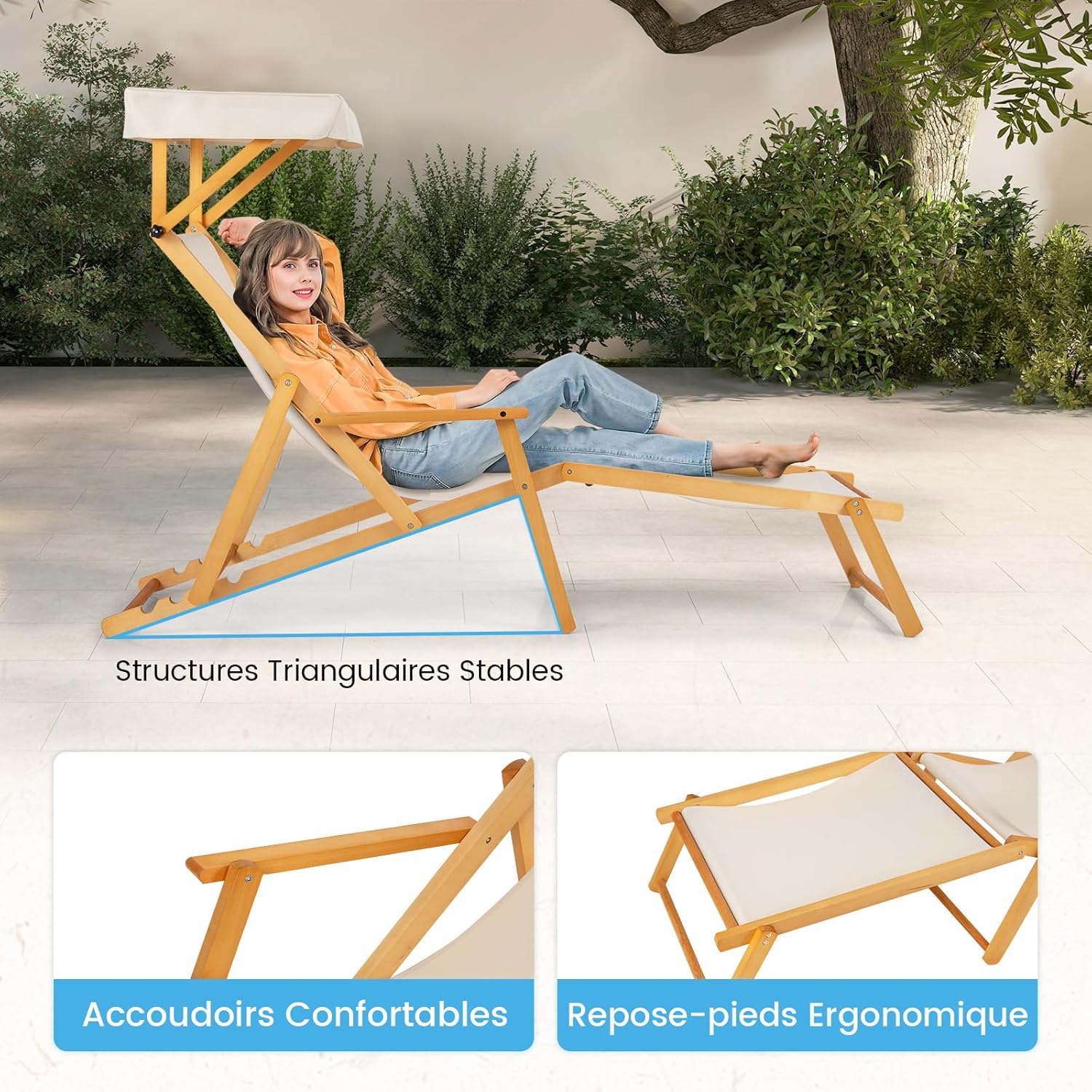 Sedia a Sdraio in Legno di Betulla, Lettino Prendisole da Giardino, Sedia da Spiaggia Pieghevole con Cappottina Regolabile e Rimovibile, Schie - 9