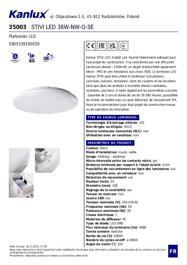 Il soffitto LED 36W - IP65 - Sensore di movimento - 330mm - Bianco naturale - 7