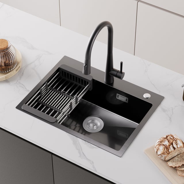 SOFETIY MAX Évier de Cuisine Inox 60 x 45 cm, Évier 1 Bac avec Panier de Drainage , Évier à Encastrer Noir