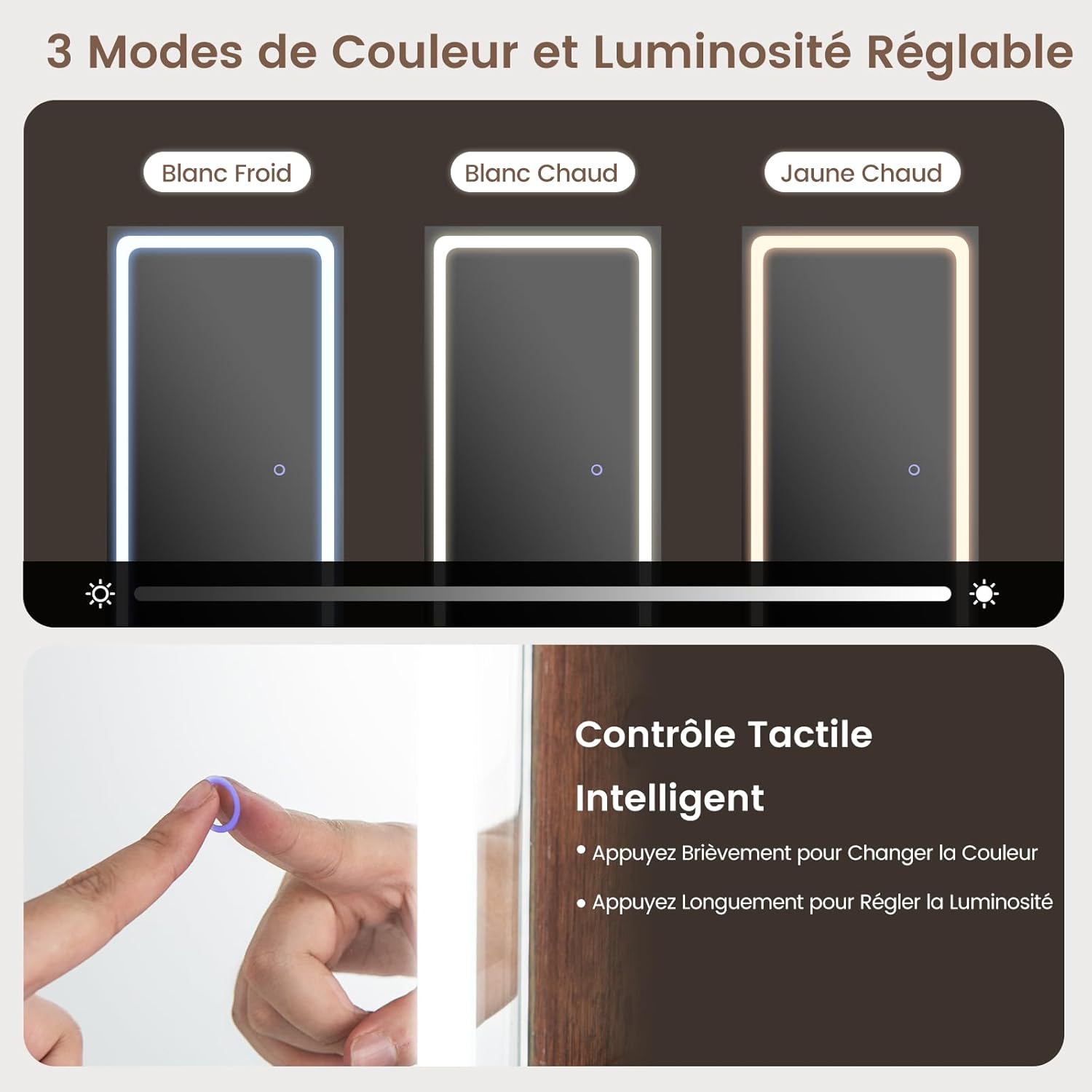 Armoire à Bijoux avec Miroir, Armoire de Rangement sur Pied pour Boucles d'Oreilles, Organisateur de Bijoux Verrouillable avec Lumières(Brun) - 5
