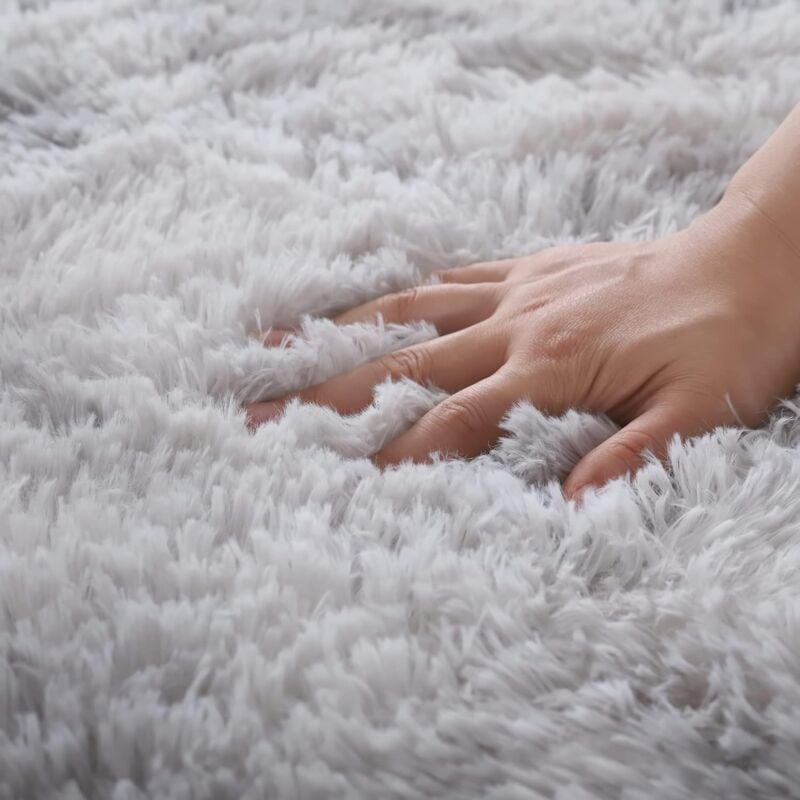 Tapis Salon Rond Shaggy Moderne Tapis Fourrure Tapis à Poils Longs Moelleux 120CM - Gris Clair - 4