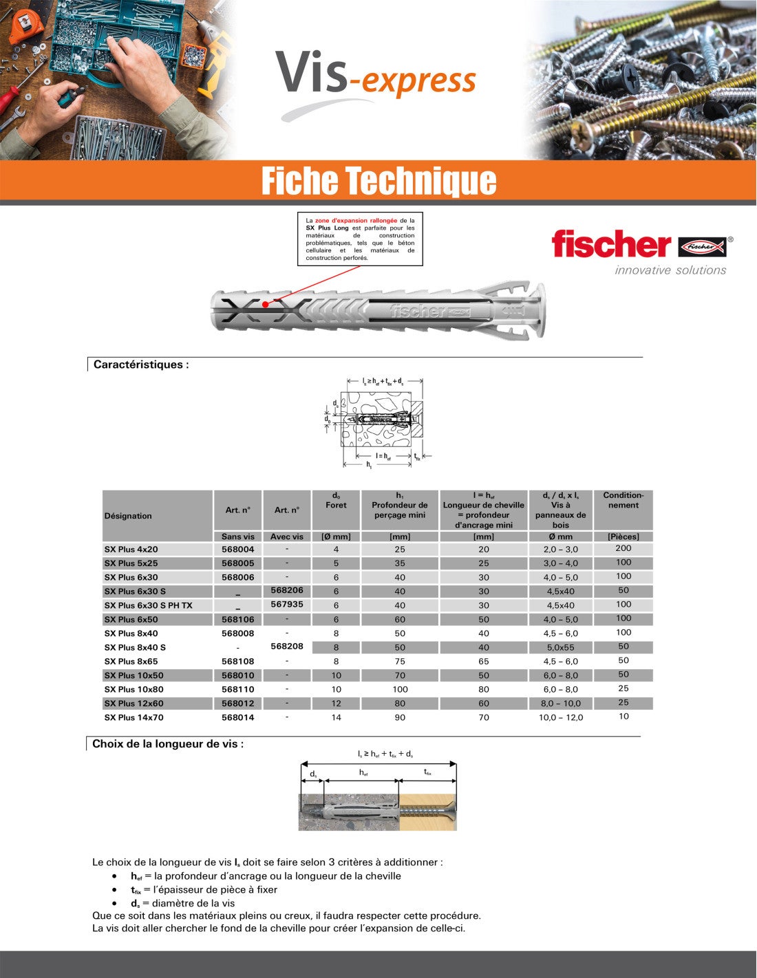 Cheville Nylon - SX PLUS - Fischer - Diamètre8mm - Longueur 40mm - Vendu par 100 - 5
