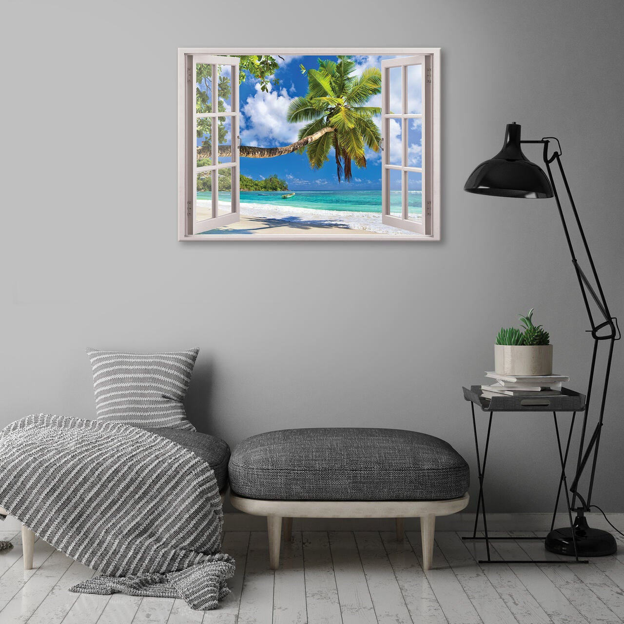Impression sur Toile Fenêtre Plage Palmiers Tropiques Moderne 80x60 cm XXL Tableau Décoration Murale Intissée pour Salon Chambre pret a accroche - 2
